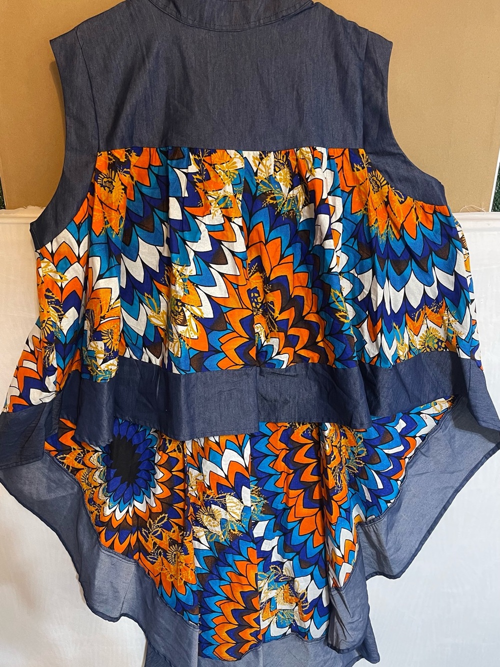 Look at Me Women’s Plus Denim Geometric Hi-Low Sleeveless Zip Dress Blue& Orange